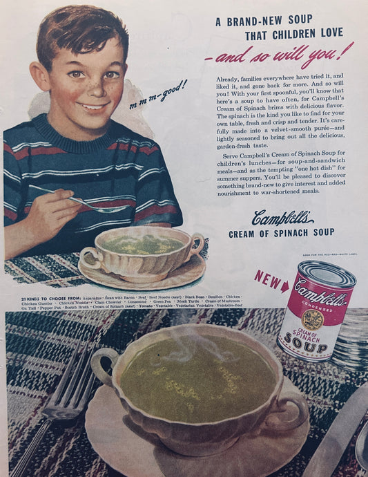 1945 Campbells Cream of Spinach Soup Magazine Ad