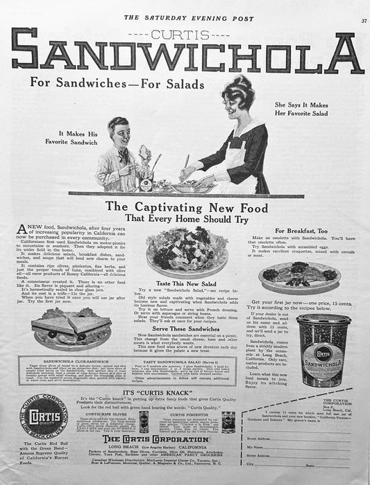 1919 Sandwichola - For Sandwiches - For Salad Tuna Based Spread - AD #1946