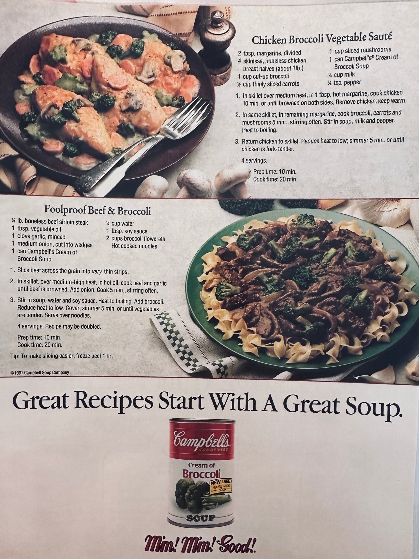 1991 Campbells Cream of Broccoli Beef & Chicken Meals -  Soup Ad