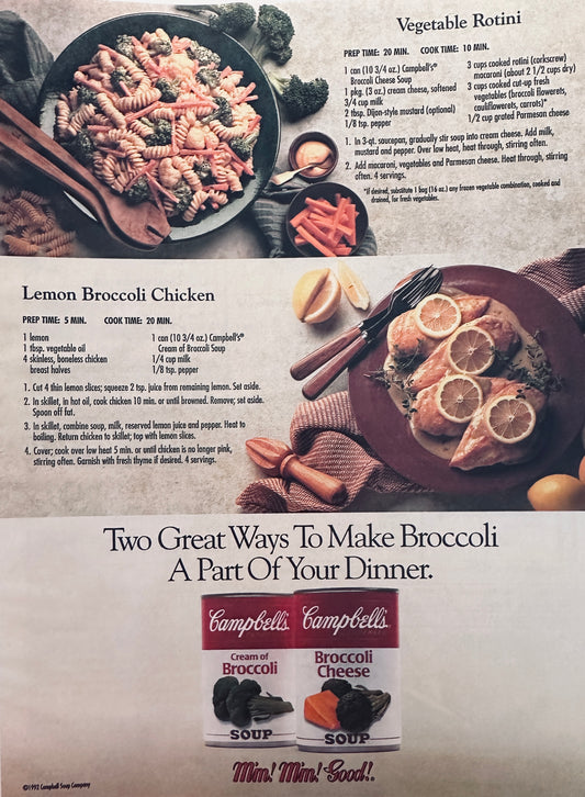 1992 Campbells Broccoli Soups Magazine Ad and Recipes