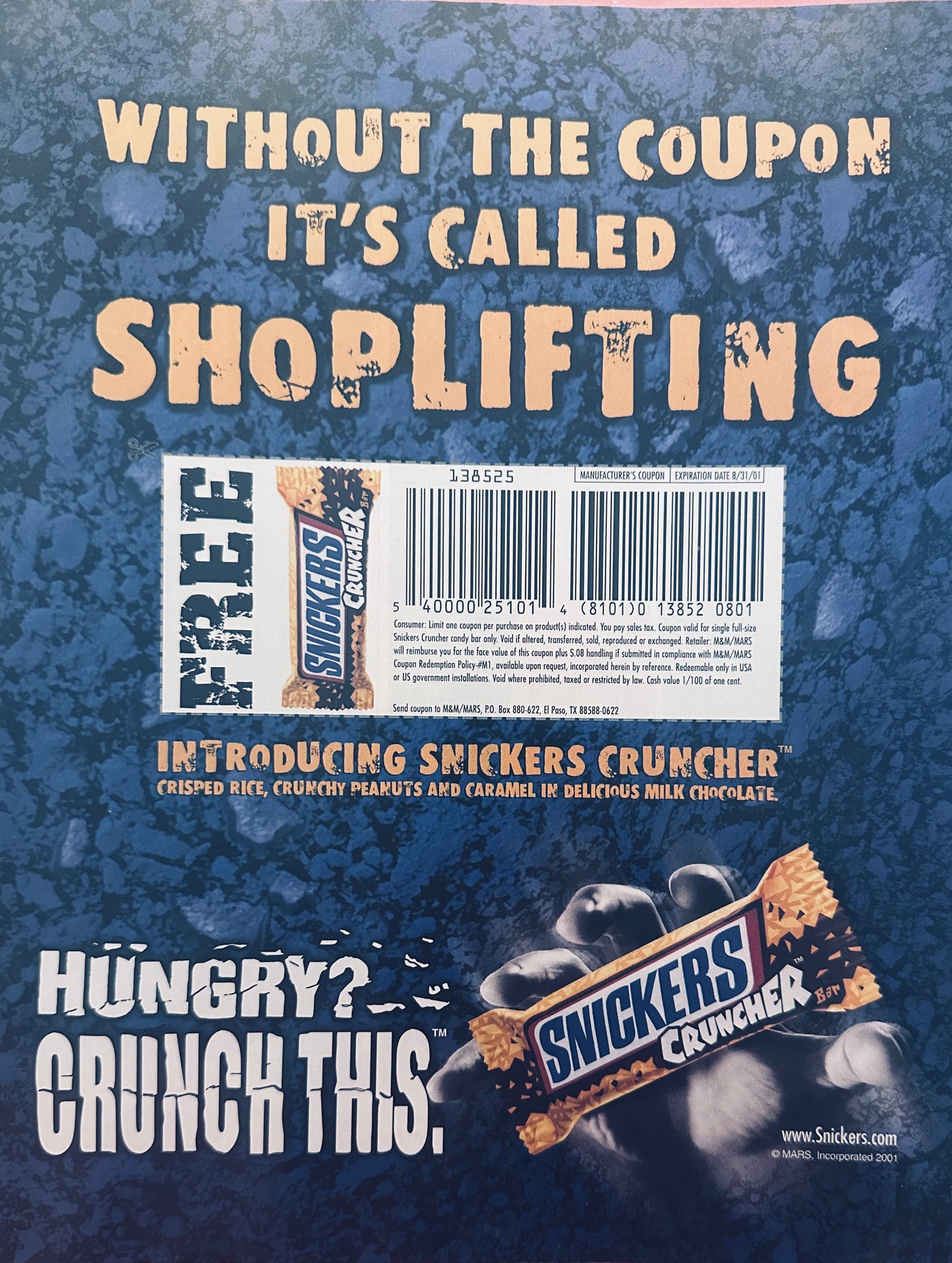 2001 Mars Snickers Cruncher Candy Bar Coupon - Not Shoplifting -  Magazine Ad