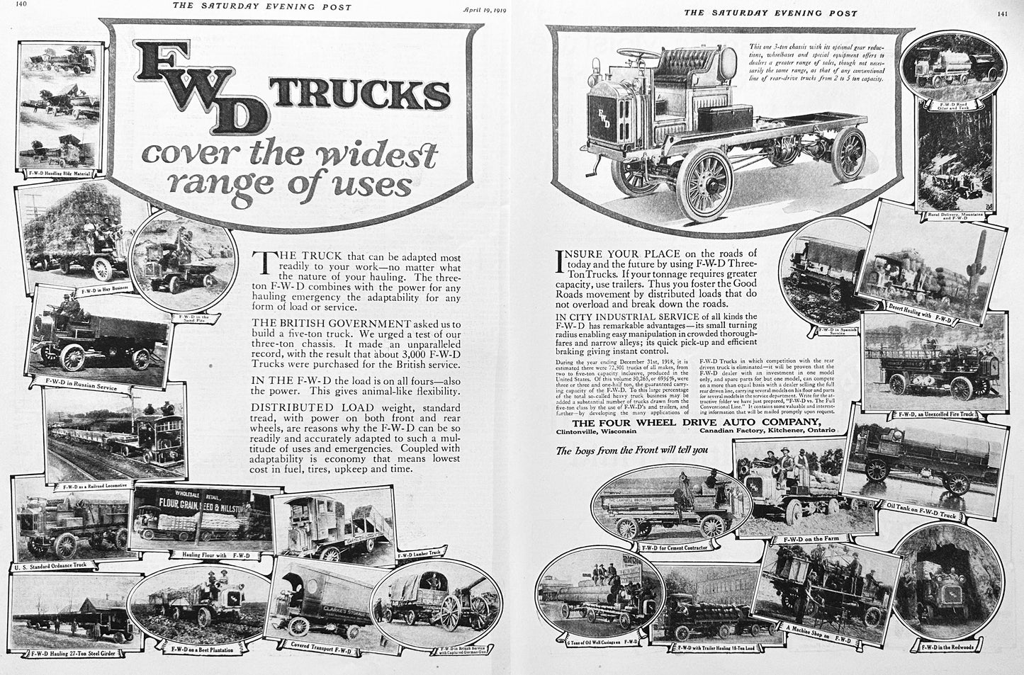 1919 - 2-Page Ad for FWD Trucks Clintonville, Wisconsin Ad #1977