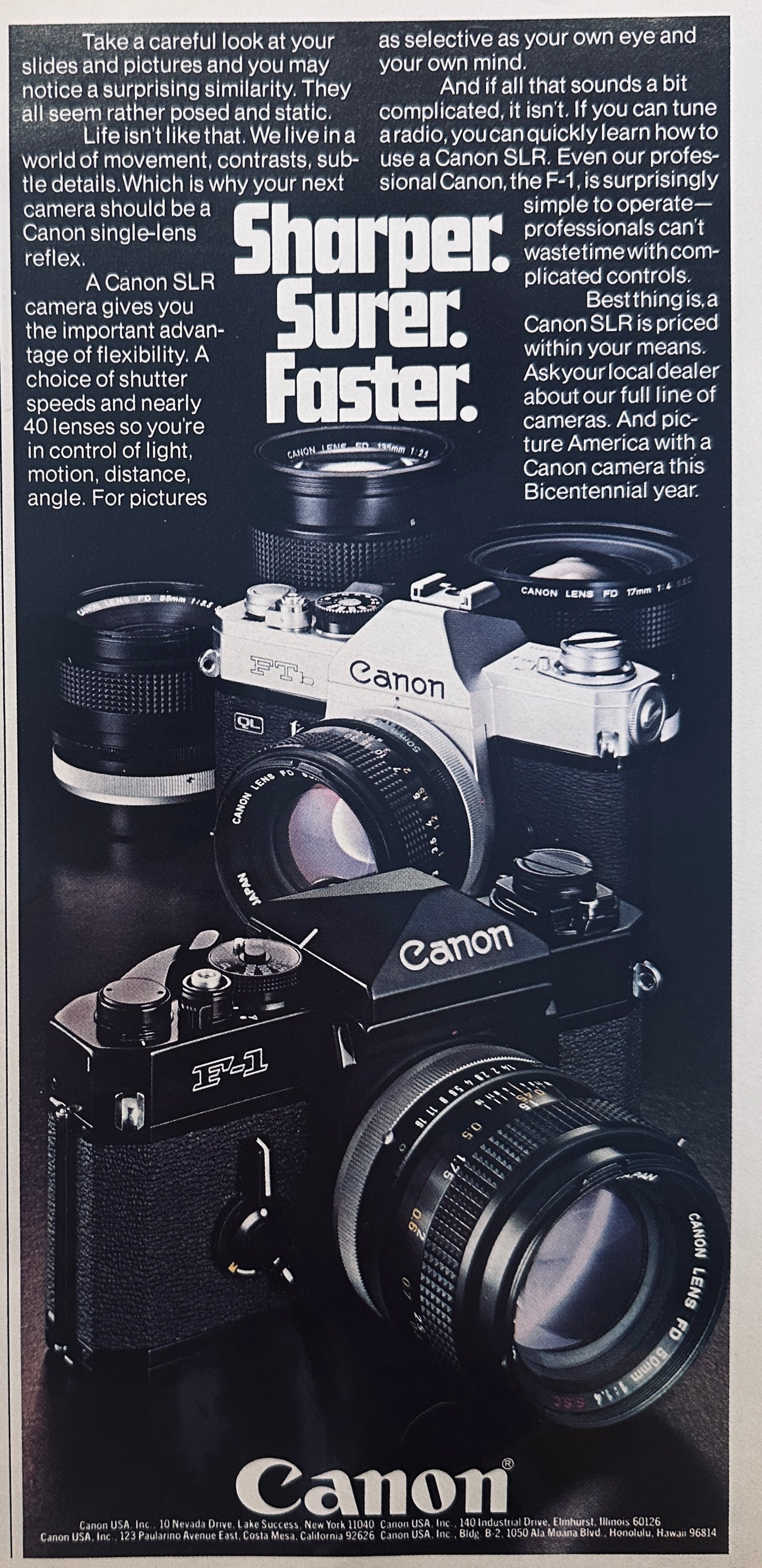 1976 Canon SLR Camera's F-1 & FTb models shown - Partial Page Ad