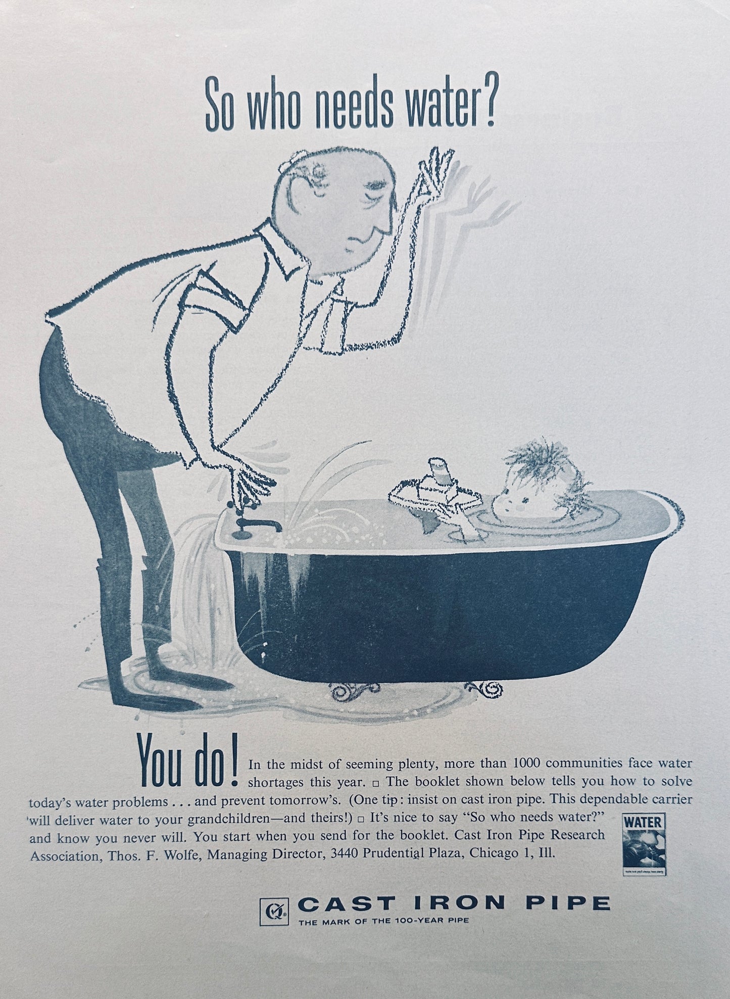 1961 Cast Iron Pipe - Daddy And Baby In a Bathtub - Magazine Ad