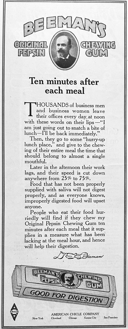 1919 Beeman's Original Pepsin Chewing Gum Ad #2016 10 Mins After