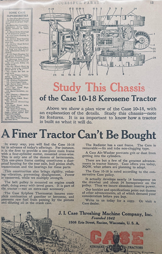 1918 Case 10-18 Kerosene Tractor & Cow Breeds - Magazine Ad