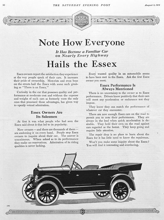 1919  Essex Touring Car - Detroit - Everyone Hails the Essex - Ad #2011