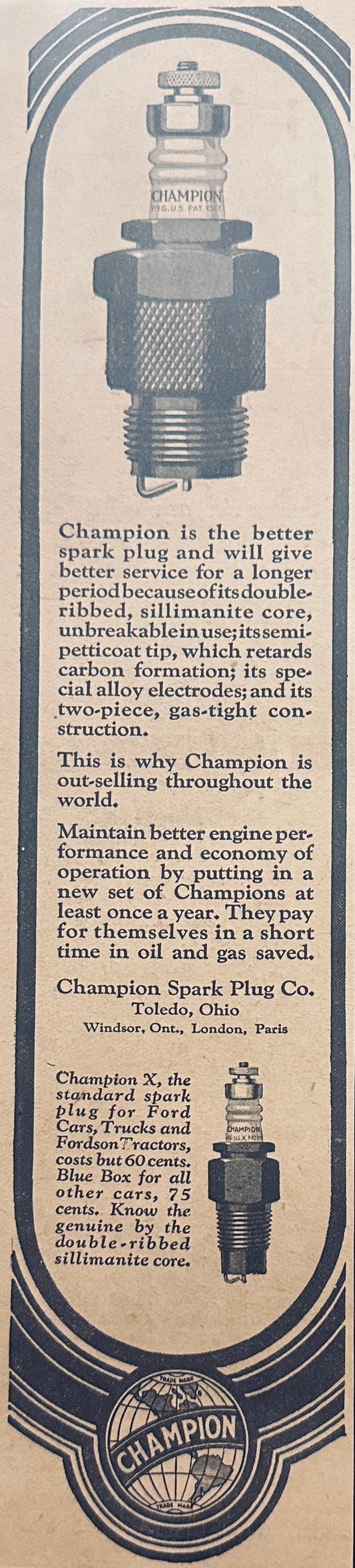 1925 Champion Spark Plug Edge Ad - Trimmed - Champion X N174