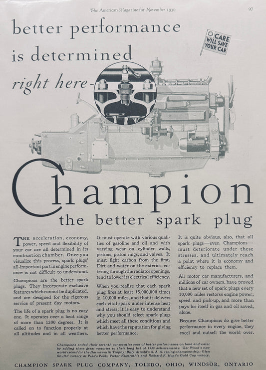 1930 Champion Sparkplug  - The better Spark Plug - Magazine Ad N175