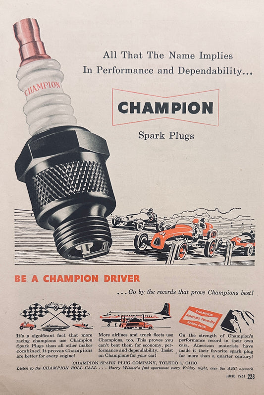 1951 Champion Spark Plug and Whizzer Ambassador Electric Bike Ads