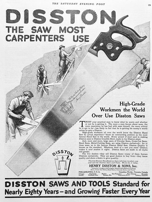1919 Disston - The Saw Most Carpenters Use - Ad # 2009