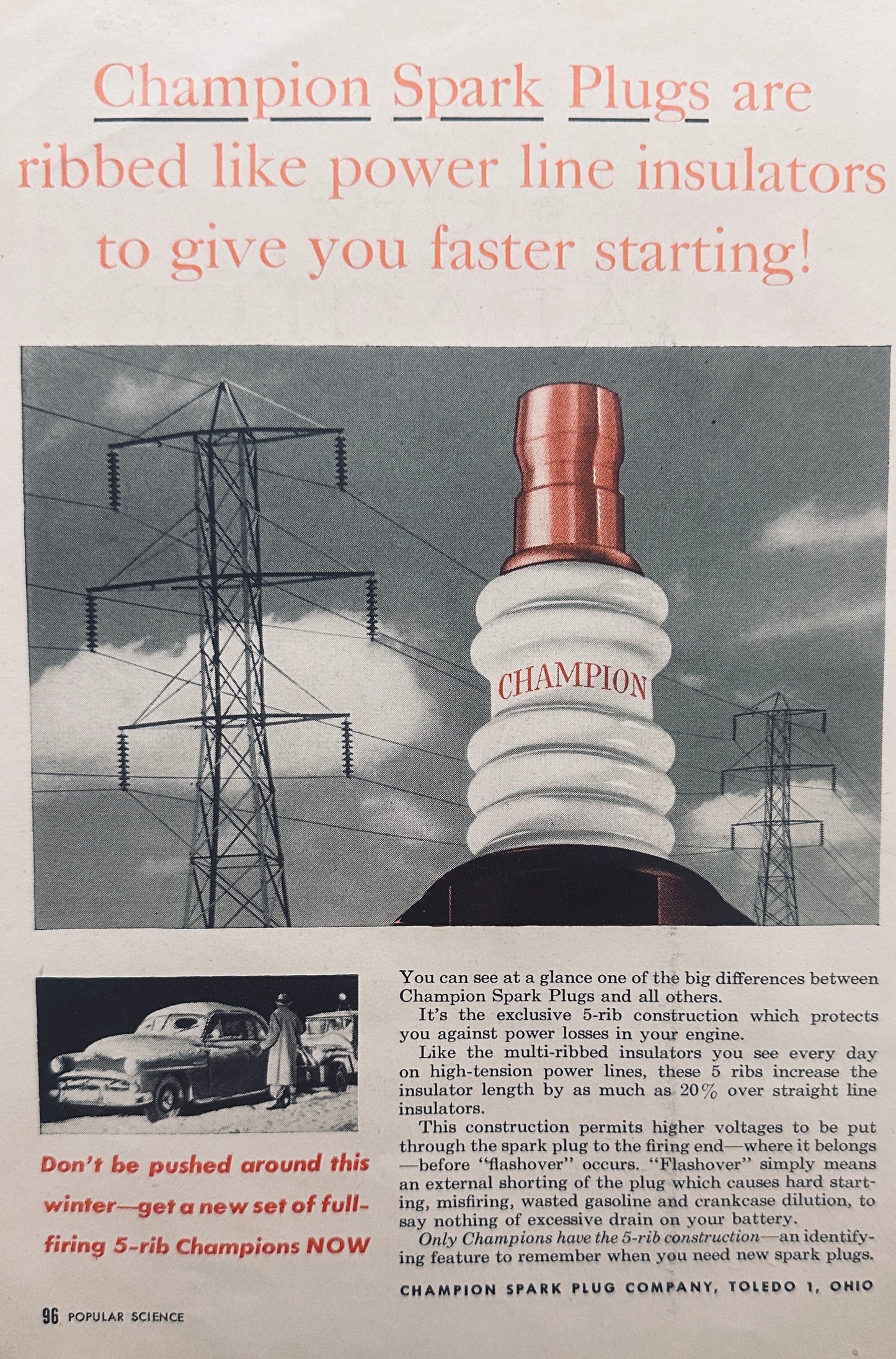 1956 Champion Spark Plugs Are ribbed to give faster starting - Promo Ad