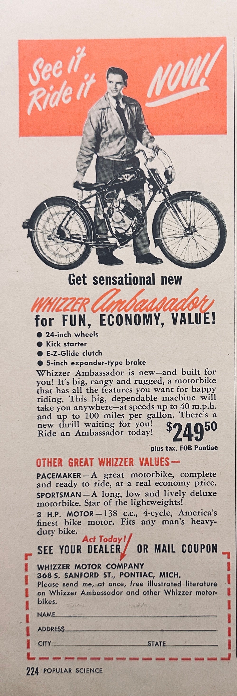 1951 Champion Spark Plug and Whizzer Ambassador Electric Bike Ads