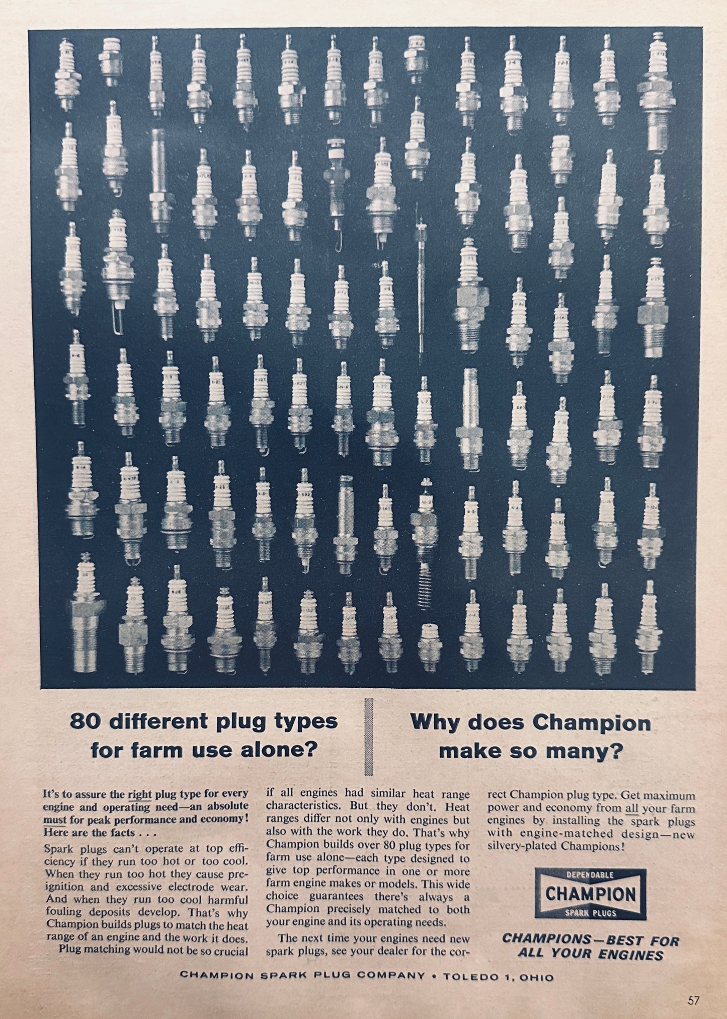 1965 Champion Spark Plugs for Farm Equipment - 80 Varieties Shown - Ad