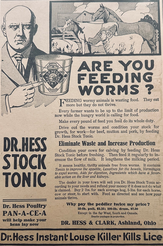 1915 Circa Dr. Hess Stock Tonic - Deworming - Use In Animal Feed - Ad N209