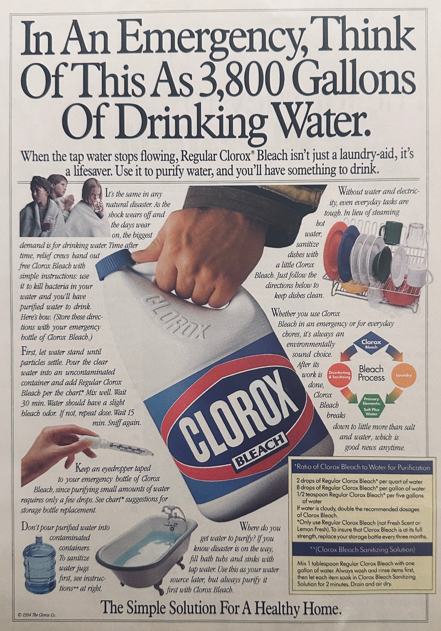 1994 Clorox Bleach Disaster Preparedness Magazine Ad