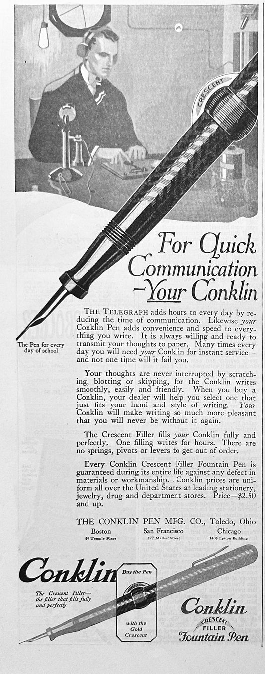 1920 Conklin Crescent Filler Fountain Pen & Knickerbocker Shower Head Ad #2034