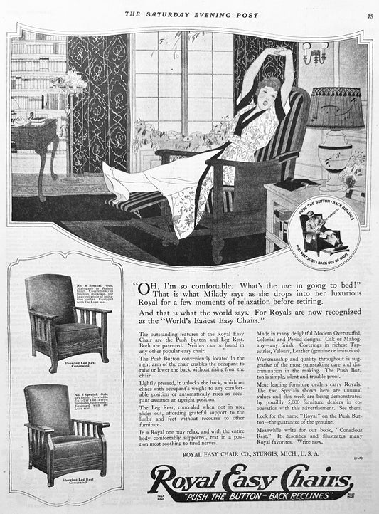 1920 Royal Easy Chairs - Pus-Button Recline - Morris Chairs Ad #2033