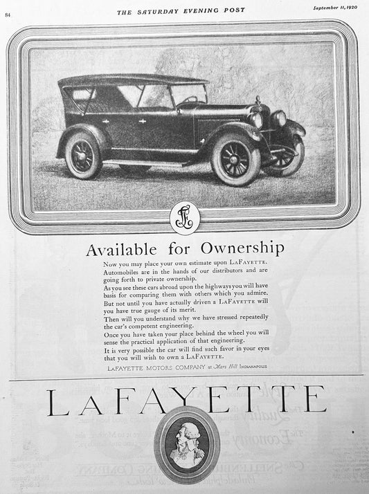 1920  Lafayette Motor Company - Indianapolis Ad #2028