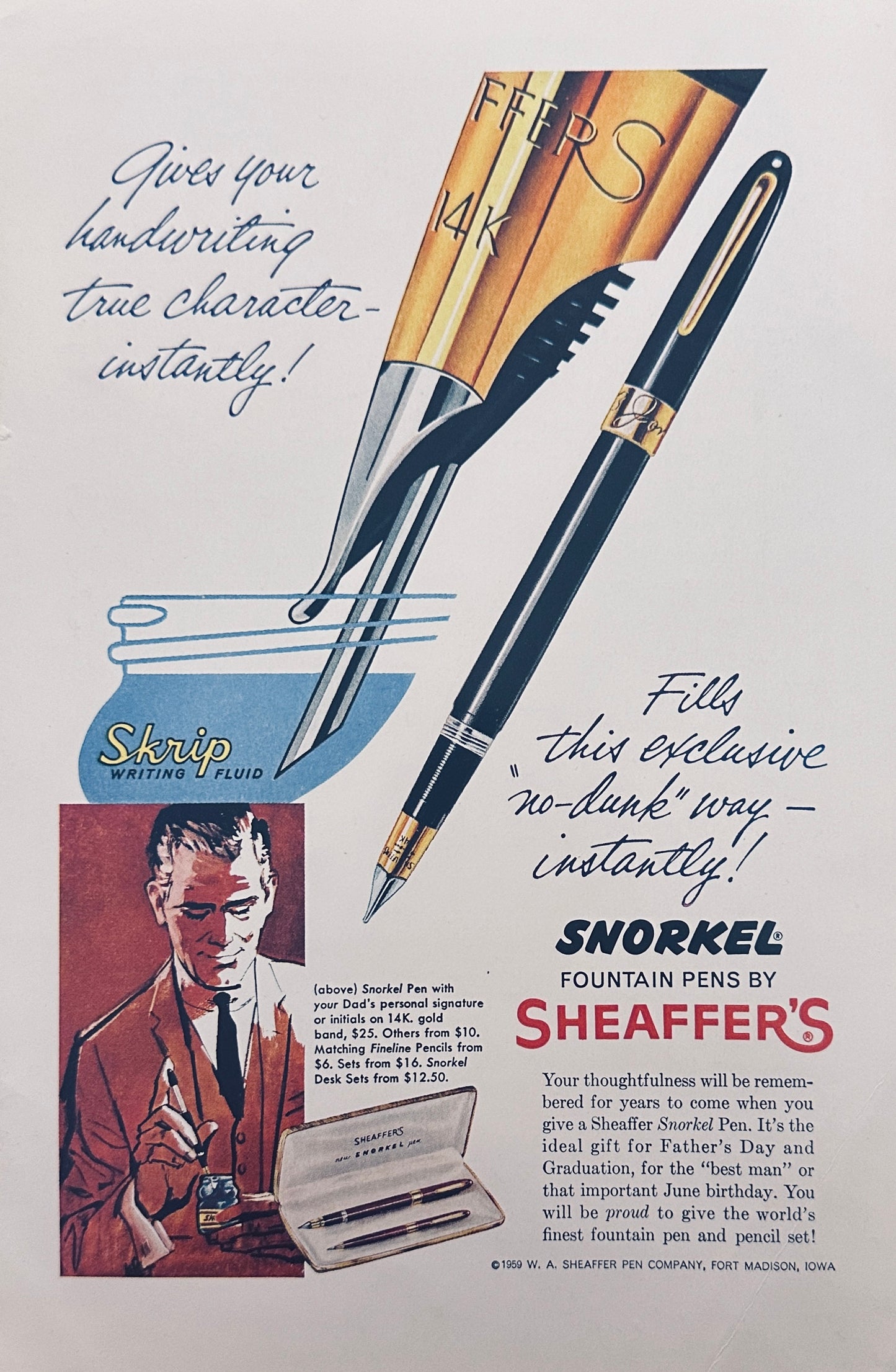 1959 Coke Coca-Cola And Sheaffer's Snorkel Fountain Pen - Magazine Ads