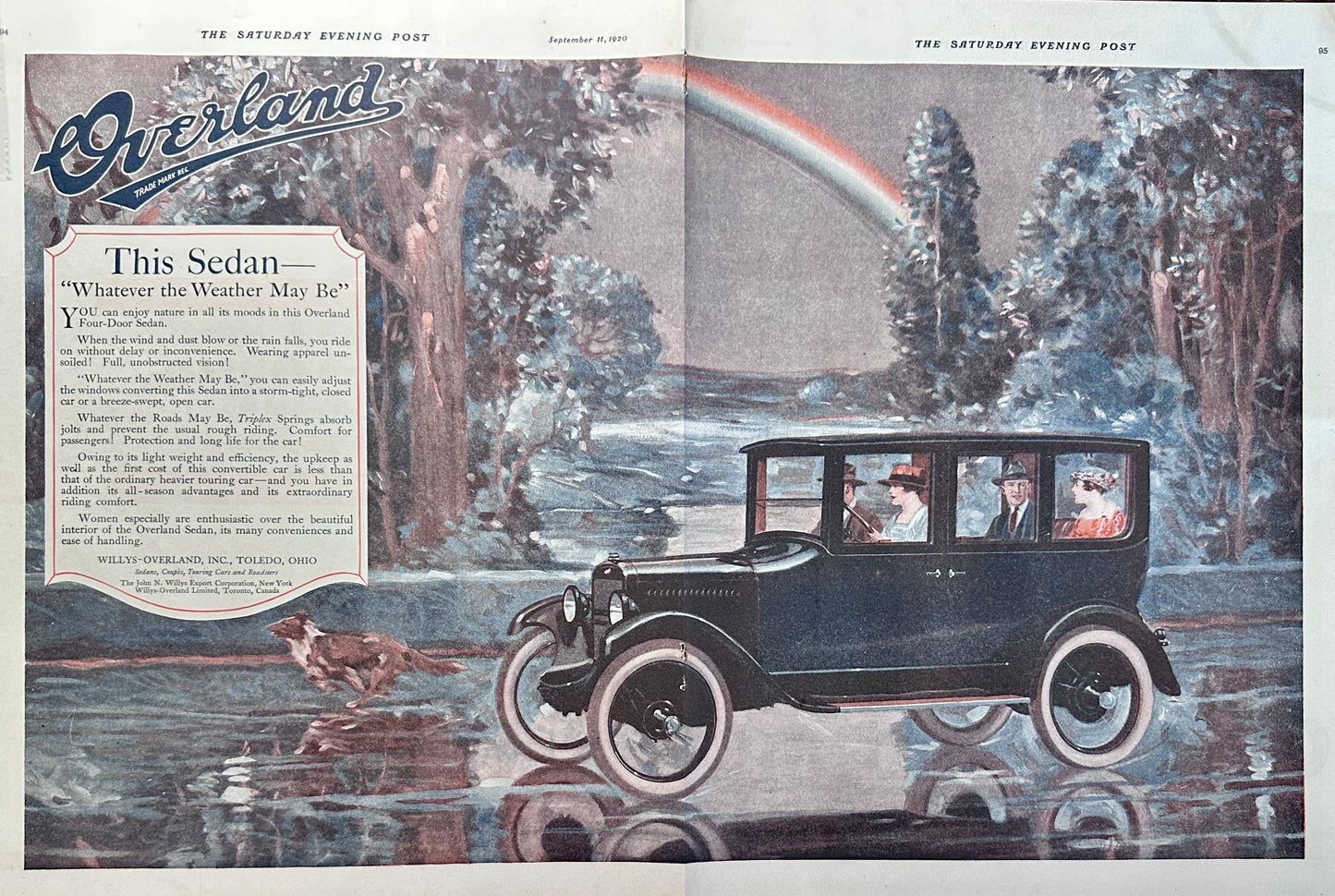 1920 Original Centerfold Ad for Overland Sedan - Willy's-Overland Ad #2022