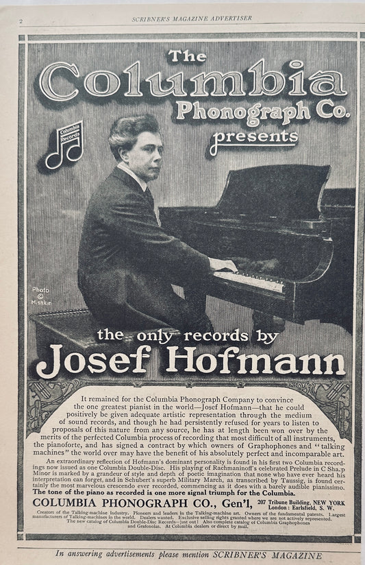 1911 Columbia Phonograph Joseph Hoffmann Ad