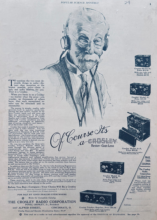 1924 Crosley Radio Magazine Advertisement Friendly Looking Old Man N273