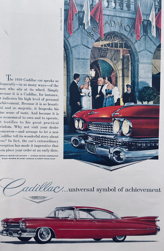 1959 Cadillac Magazine Red Car Parked in Front of Broadmoor Hotel  Advertisement