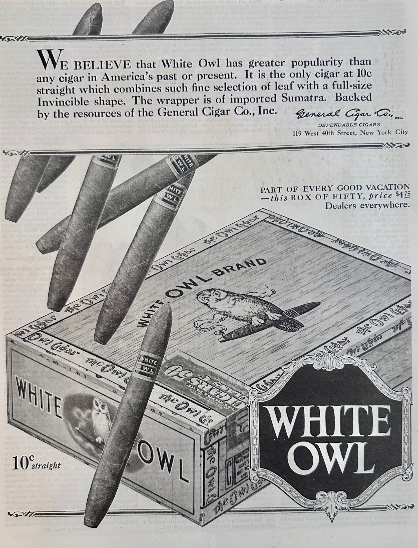 1920 White Owl Cigars - General Cigar Co., Inc - Box of 50 Ad # 2066