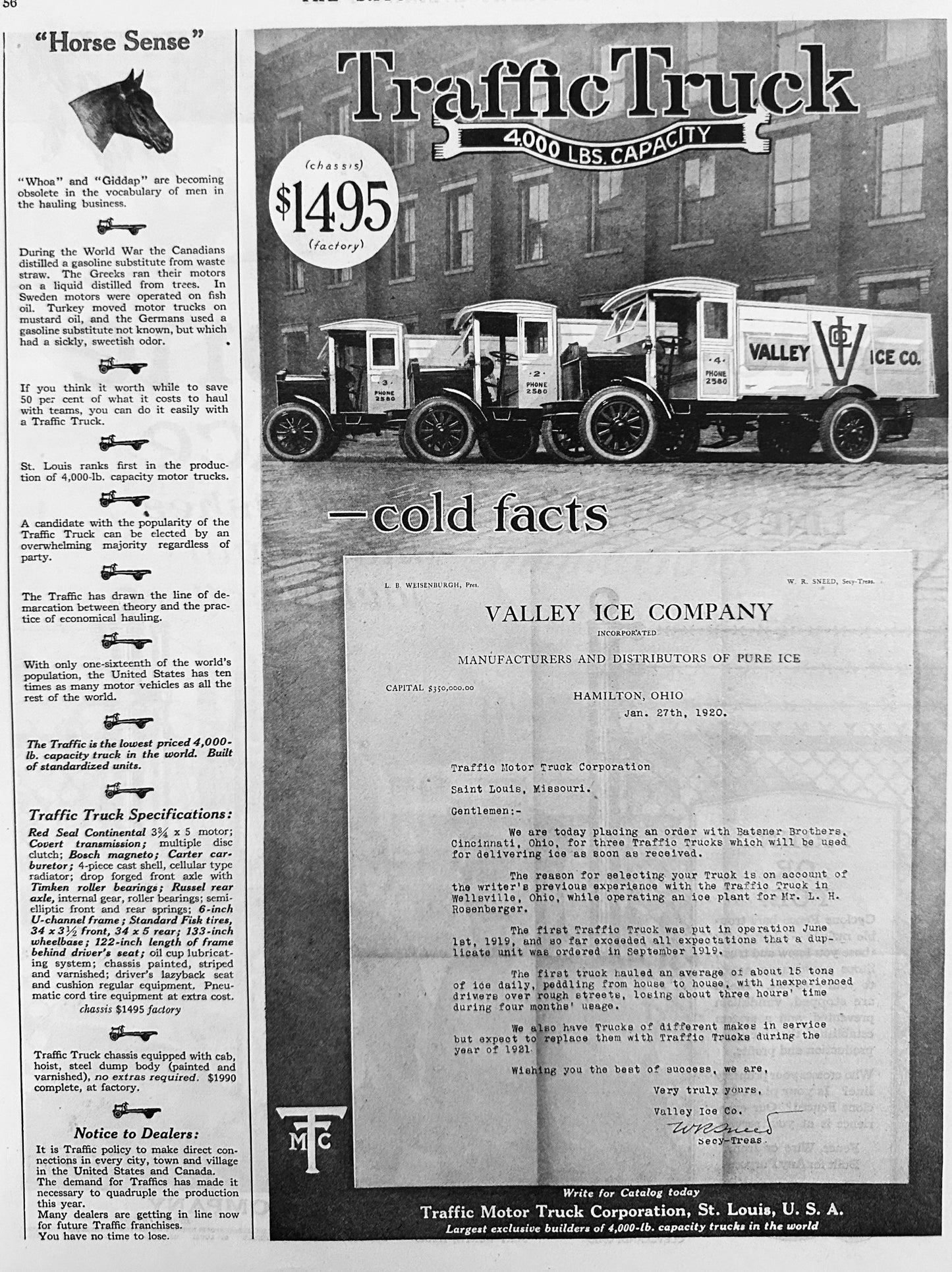 1920 The Traffic Truck - Valley Ice Company Hamilton, OH Ad #2078