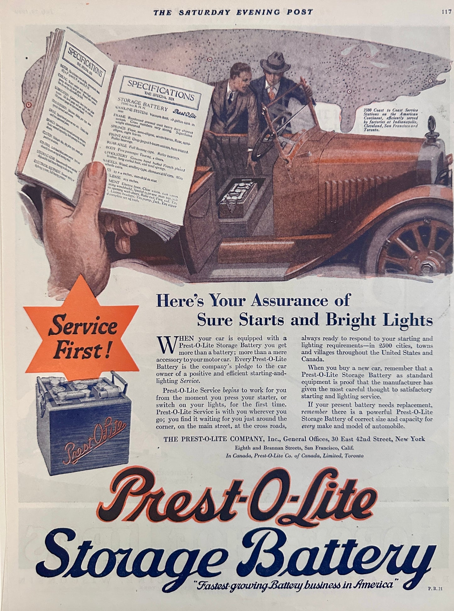 1920 Presto-O-Lite Storage Battery Period Artwork! Ad #2083