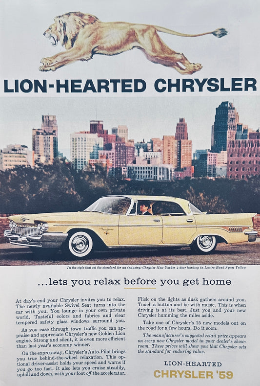 1959 Yellow Chrysler New Yorker Let's You Relax before Home - Magazine Ad