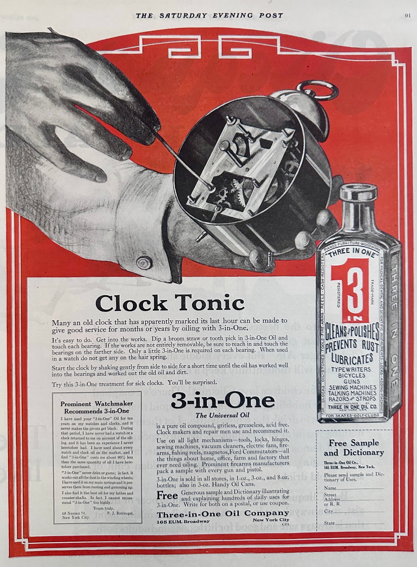 1920 3-in-One The Universal Oil & Clock Tonic Vintage Ad #2093