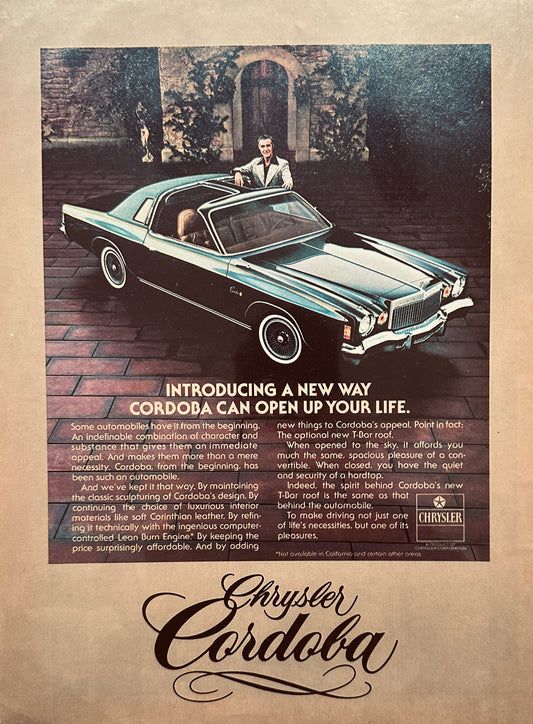 1977 Black Chrysler Cordoba with T-Bar Roof Magazine Ad