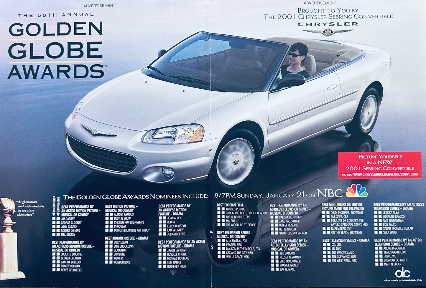 2001 Chrysler Sebring Convertible Golden Globe Magazine Ad