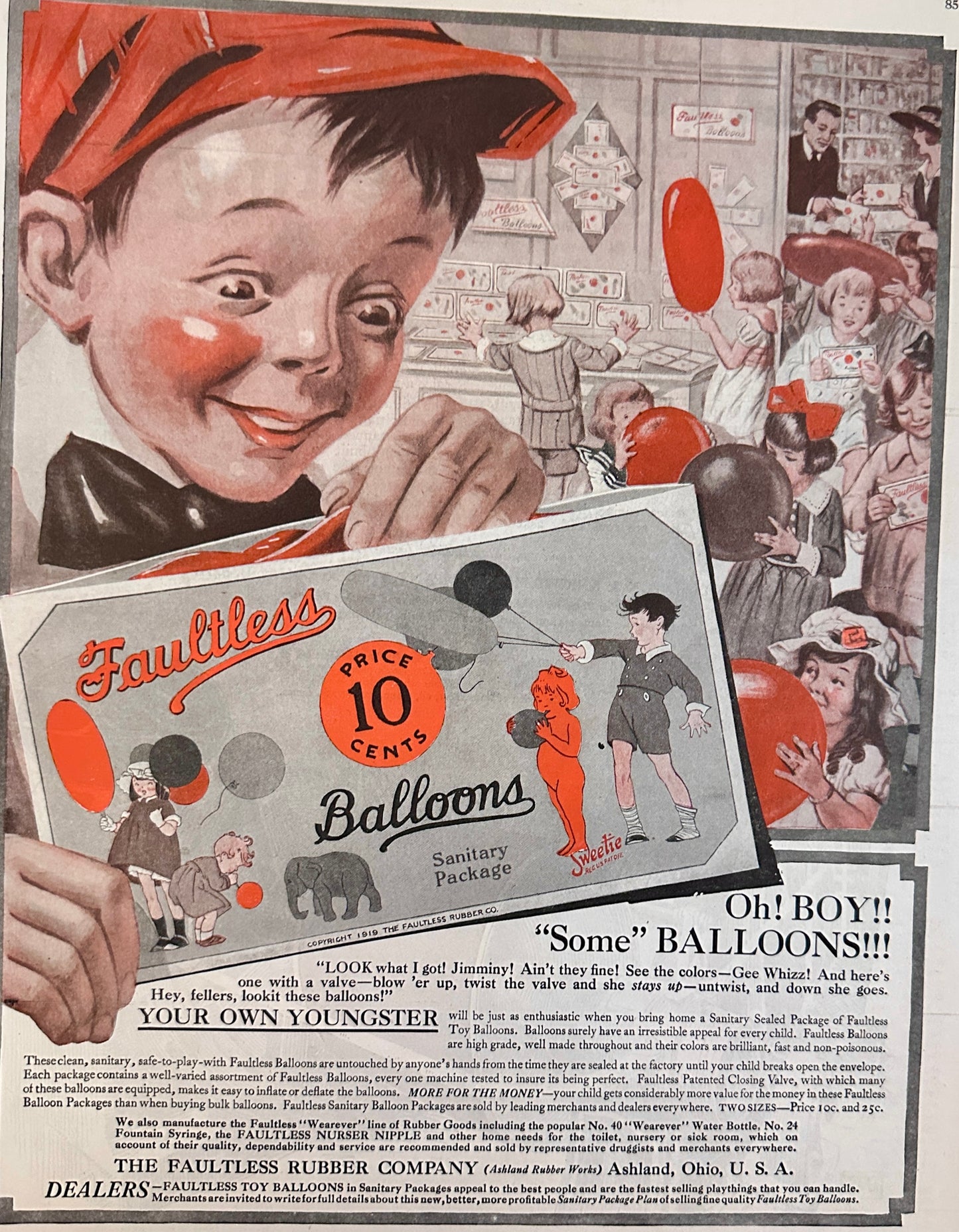 1920 Unique And Rare Advertisement for Children's Balloons - Faultless Ad #2096