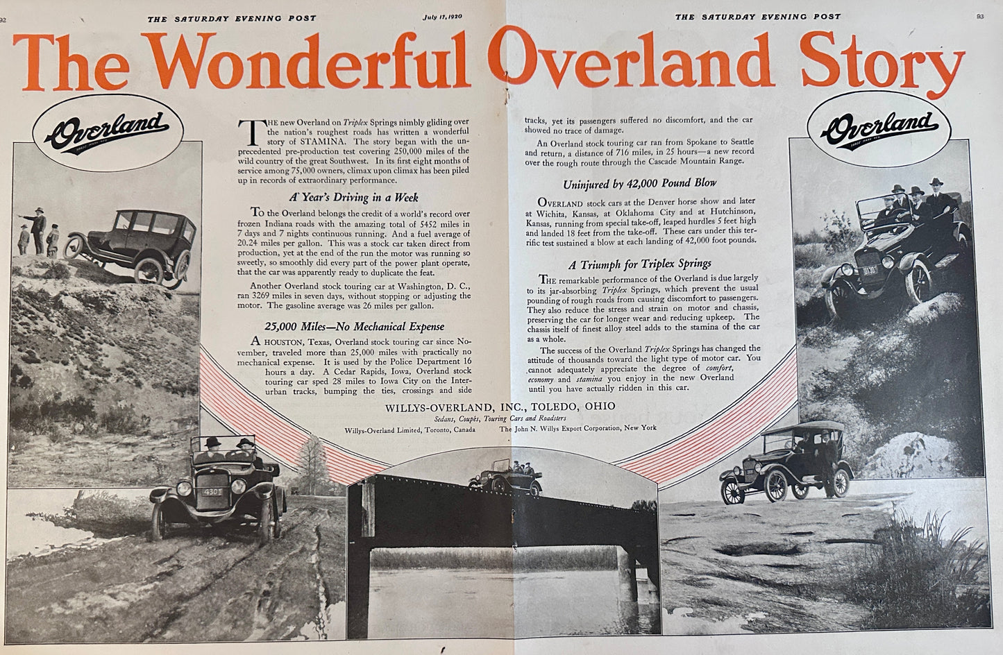 1920 Centerfold - Willys's Overland Touring Cars Make History - Ad #2094