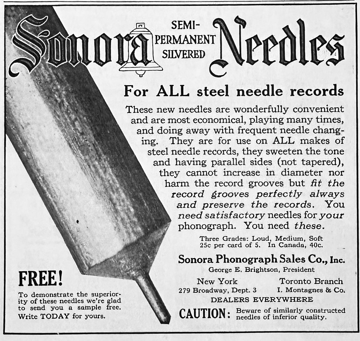 1920 Original Sonora Phonograph Needles Ad #2137