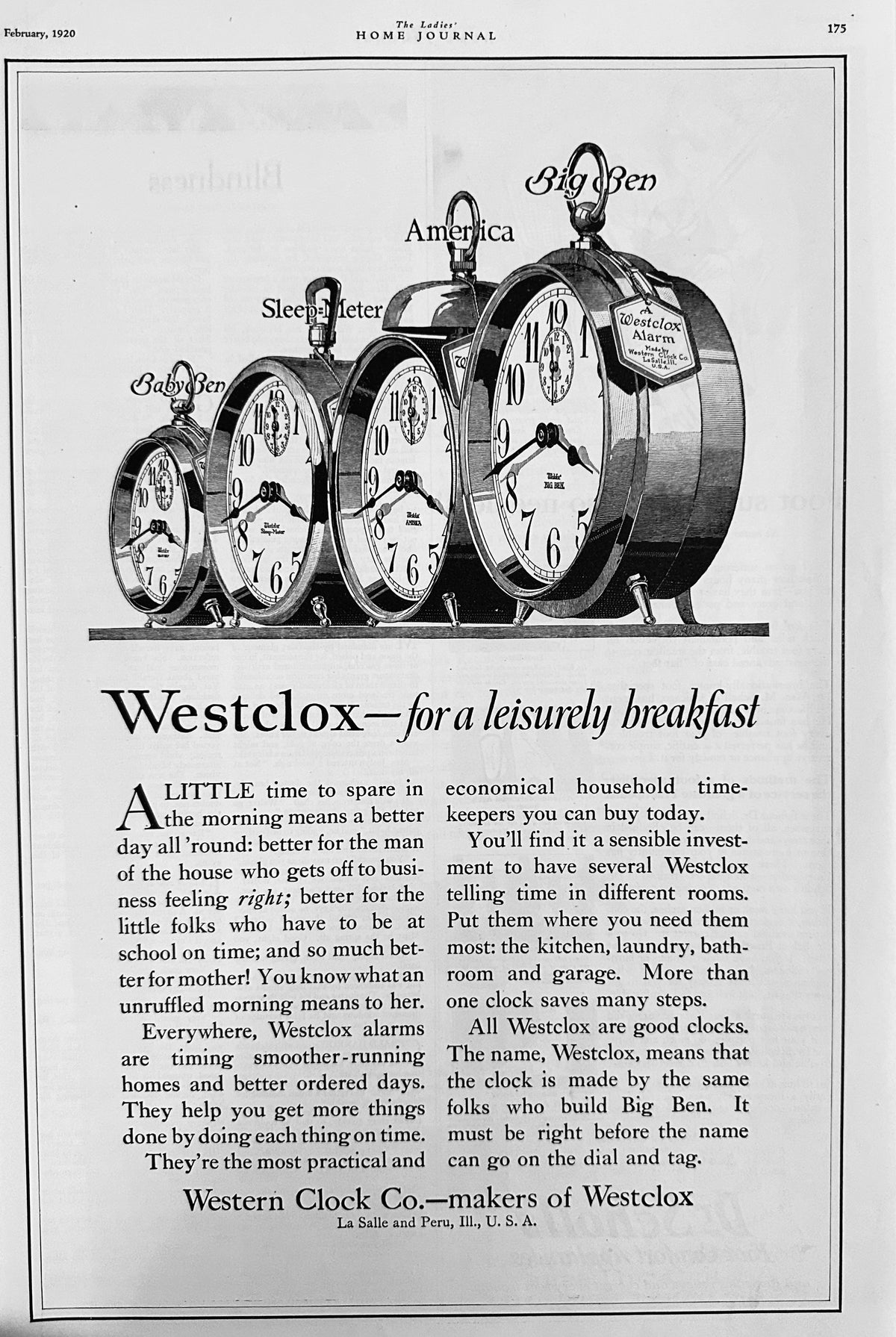 1920 Line of Westclox - 4 Styles Shown Big Ben Ad #2141