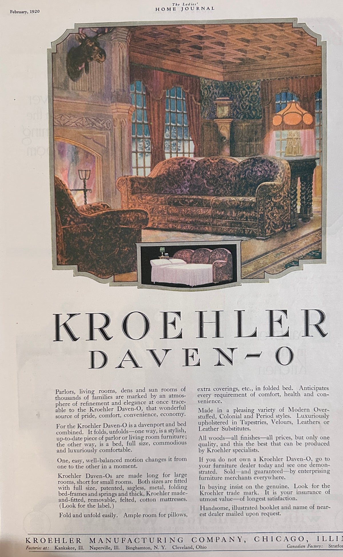 1920 Dual- Sided Antique Ads - Kroehler Daven-O & Wearever Cookware AD #2143