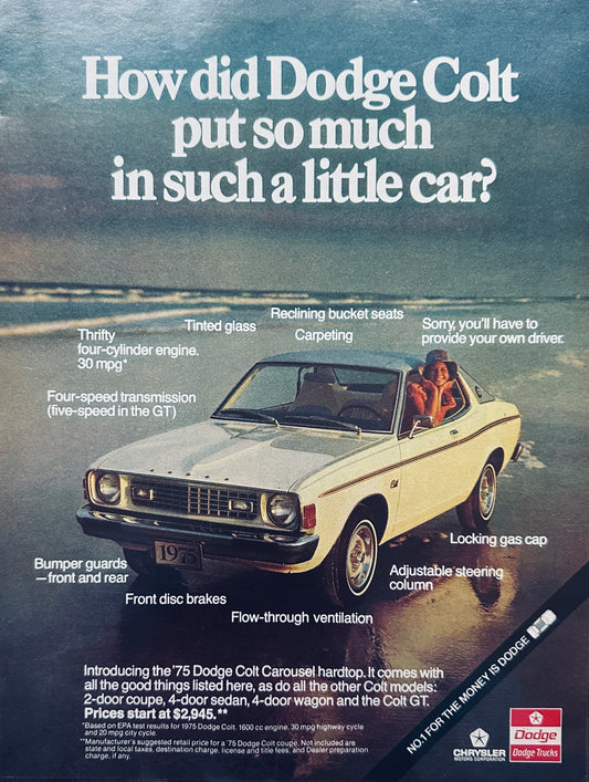 1975 Dodge Colt Beach Parked Magazine Advertisement