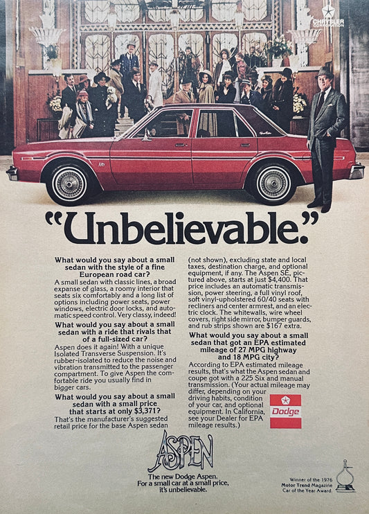 1976 Red Dodge Aspen Sedan - Car of the Year - Rex Harrison Magazine Ad