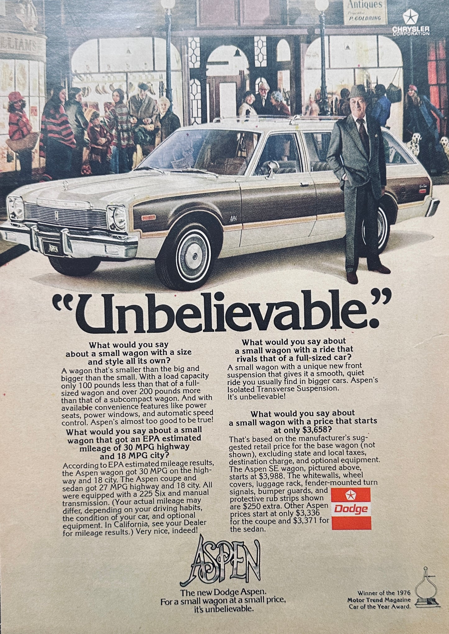 1976 DODGE Aspen “Woodie” Station Wagon - Rex Harrison - Antiques Ad