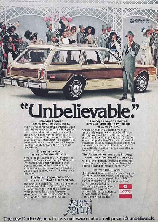 1976 Dodge Aspen - Rex Harrison -  1890's Wedding Crasher? - Magazine Ad