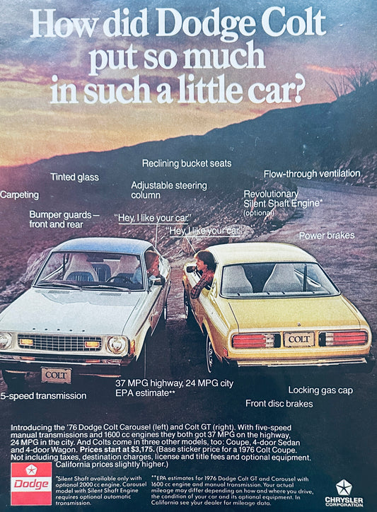 1976 Dodge Colt Carousel and Dodge Colt GT magazine ad