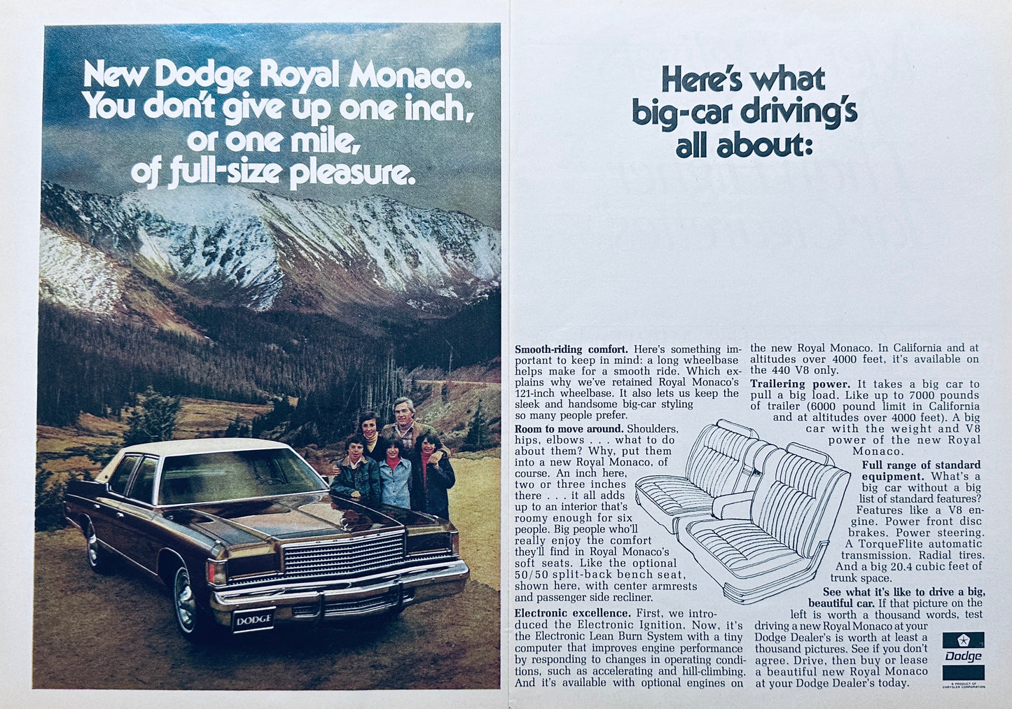 1976 2-page Dodge Royal Monaco - Big Car Driving is All About - Magazine Ad