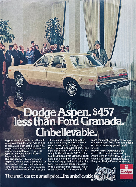 1977 Dodge Aspen  - Rex Harrison - Hotel Ballroom? Magazine Ad