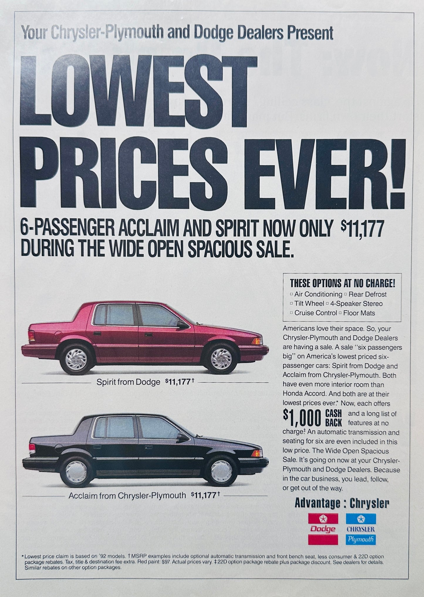 1992 Dodge Spirit Plymouth Acclaim Magazine Ad