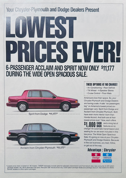 1992 Dodge Spirit Plymouth Acclaim Magazine Ad