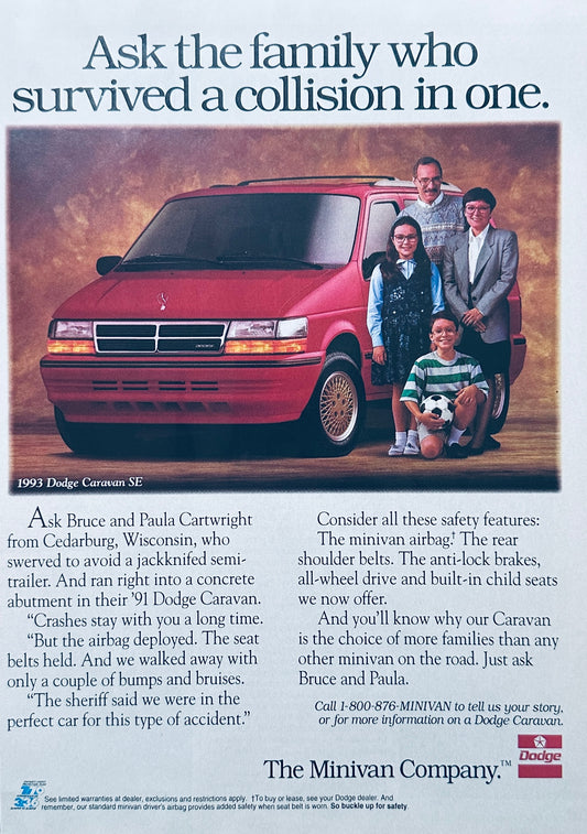 1993 Red Dodge Caravan SE Minivan Collision Survival -  Magazine Ad